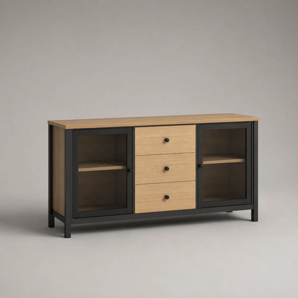 Sideboard mit 2 Glastüren und 3 Schubladen aus MDF, Eichenfurnier und Stahl, Eiche/Schwarz, 140 x 40 x 80 cm