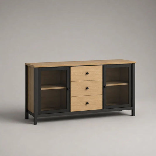 Sideboard mit 2 Glastüren und 3 Schubladen aus MDF, Eichenfurnier und Stahl, Eiche/Schwarz, 140 x 40 x 80 cm