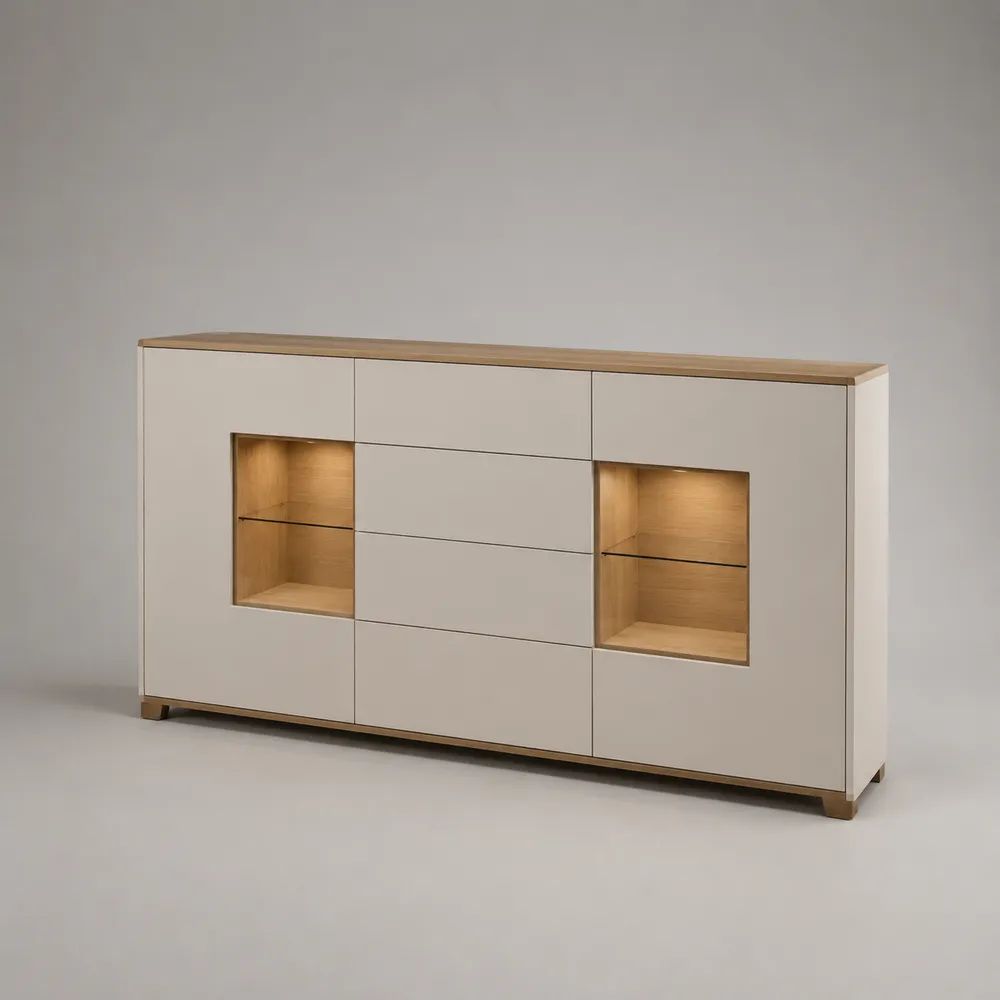 Sideboard mit LED-Beleuchtung und 2 Vitrinenfächern, MDF/Spanplatte, Metall und Glas, Weiß/Eiche Natur, 180 × 40 × 100 cm