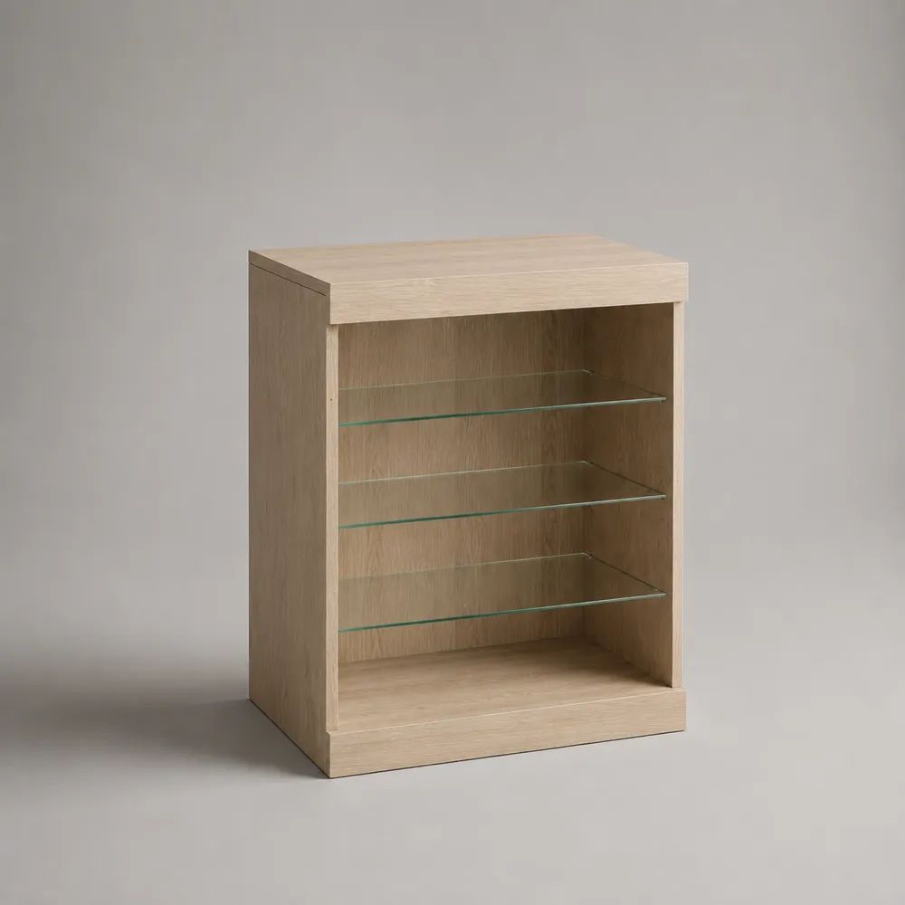 Rechteckiger Buffetschrank aus MDF mit Eichenfurnier und 3 Glasböden, Natur, 80 × 40 × 100 cm