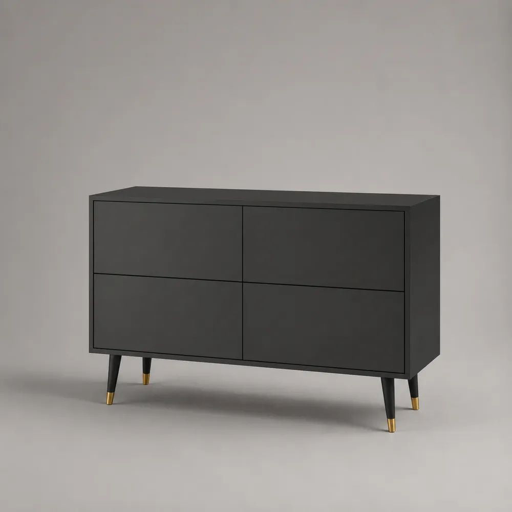 Rechteckiges Sideboard mit 4 Schubladen aus MDF und Stahl, Schwarz/Gold, 120 × 40 × 85 cm
