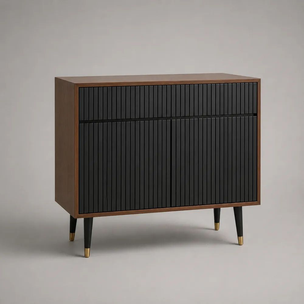 Sideboard mit Lamellenfront aus MDF und Stahl, Schwarz/Walnussfarben, 100 x 40 x 90 cm