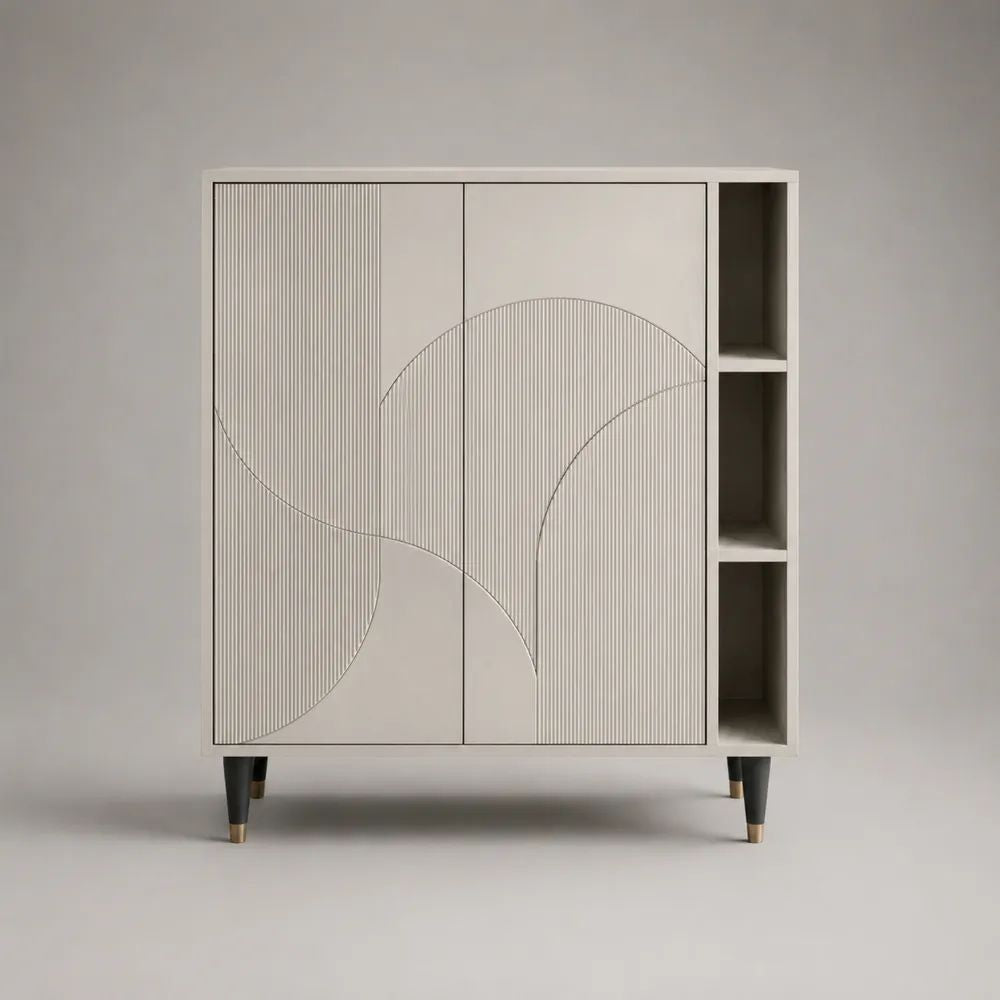 Buffetschrank aus lackiertem MDF mit 2 Türen und 3 offenen Fächern, Beige/Schwarz/Messingfarben, 100 × 35 × 110 cm
