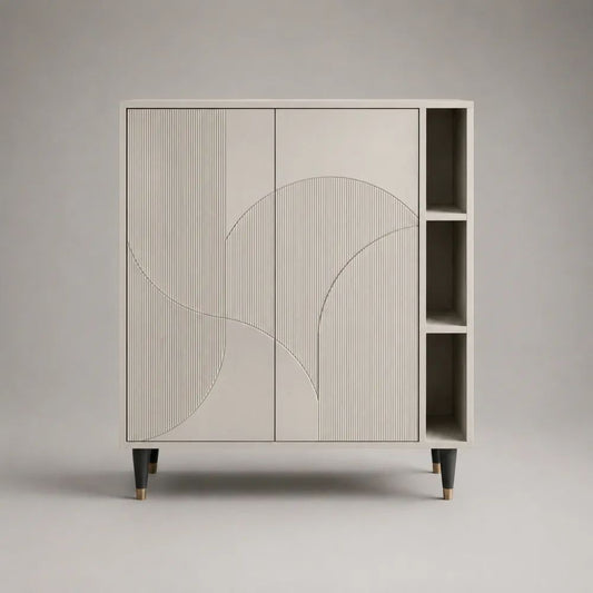Buffetschrank aus lackiertem MDF mit 2 Türen und 3 offenen Fächern, Beige/Schwarz/Messingfarben, 100 × 35 × 110 cm