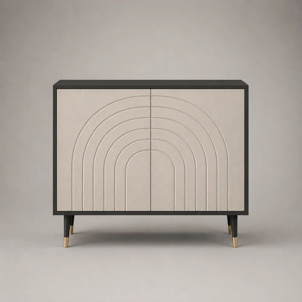 Rechteckiges Sideboard mit 2 Türen aus MDF und Stahl, Beige/Schwarz, 110 × 40 × 90 cm