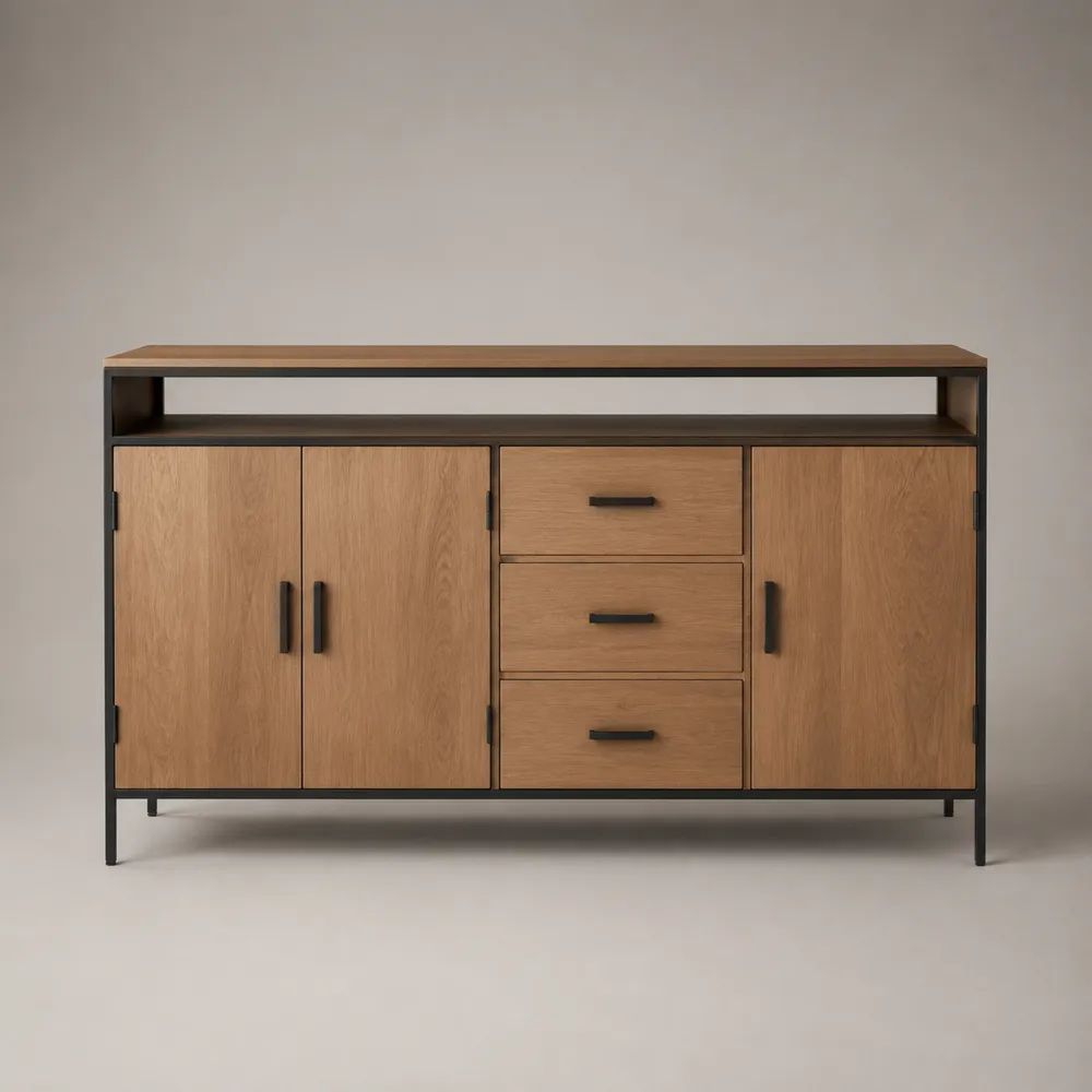 Sideboard mit 3 Türen und 3 Schubladen, MDF mit Eichenfurnier und Stahlgestell, Eiche Natur/Schwarz, 160 × 40 × 90 cm