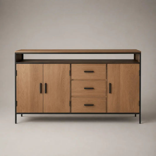 Sideboard mit 3 Türen und 3 Schubladen, MDF mit Eichenfurnier und Stahlgestell, Eiche Natur/Schwarz, 160 × 40 × 90 cm
