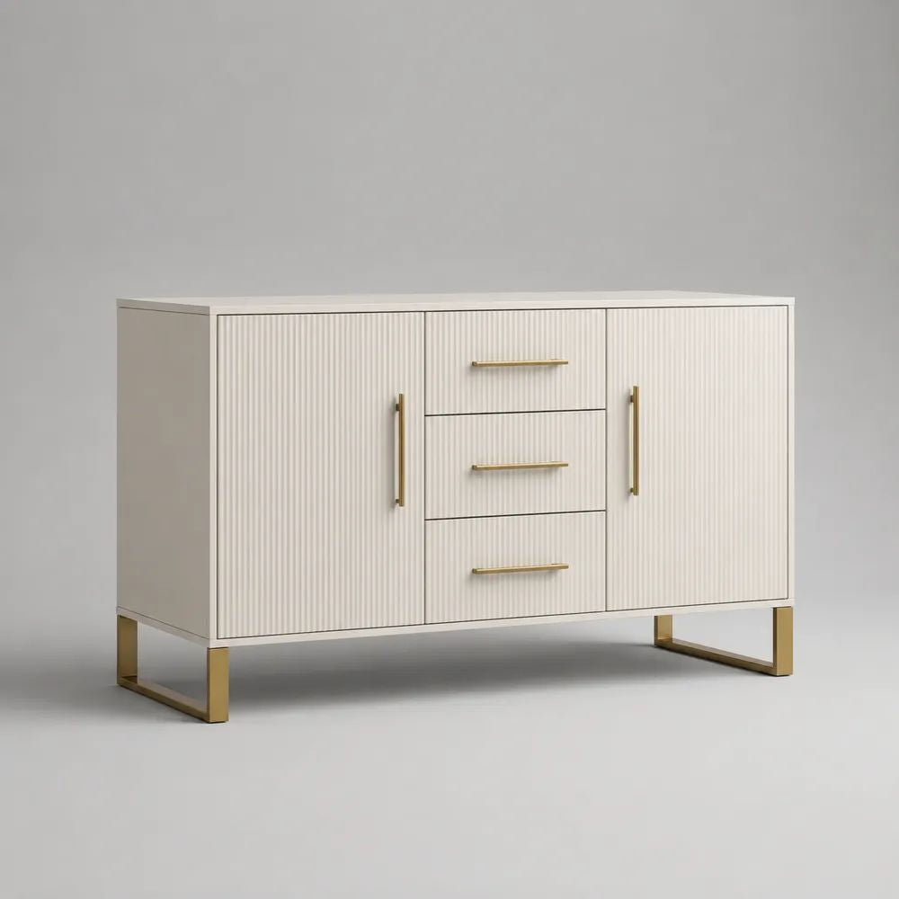 Sideboard aus MDF und Stahl mit 2 Türen und 3 Schubladen, Weiß/Messingfarben, 120 × 40 × 80 cm