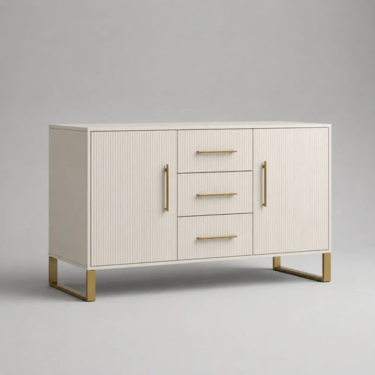 Sideboard aus MDF und Stahl mit 2 Türen und 3 Schubladen, Weiß/Messingfarben, 120 × 40 × 80 cm