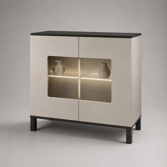Buffetschrank Highboard mit LED-Beleuchtung aus MDF, Stahl und Glas, Weiß/Schwarz mit transparentem Glas, 110 × 40 × 120 cm
