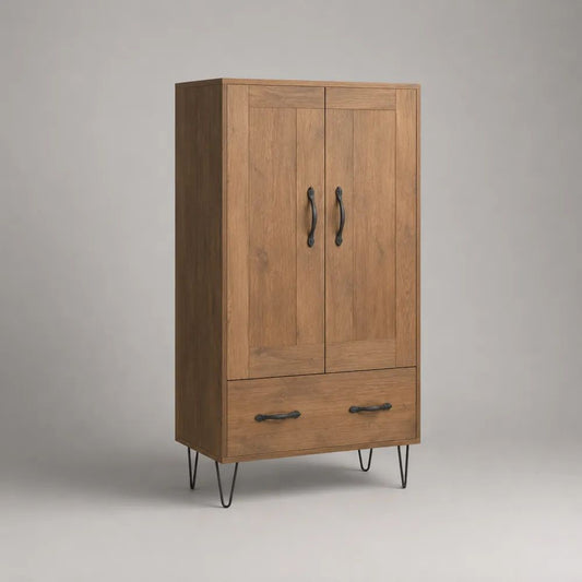 Buffetschrank aus Holz mit 2 Türen und Schublade, Eiche Natur/Schwarz, 90 × 40 × 160 cm