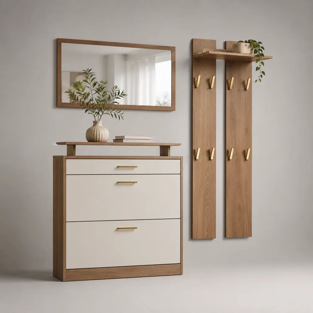 3-teiliges Schuhschrank-Set aus melaminbeschichteter Spanplatte mit Wandgarderobe und Spiegel, Eiche/Creme – Schuhschrank 80 × 35 × 100 cm, Garderobe 60 × 25 × 130 cm, Spiegel 80 × 3 × 40 cm
