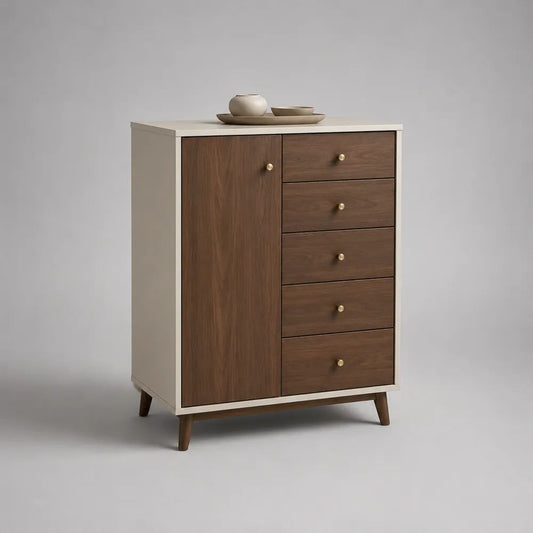 Highboard-Sideboard aus MDF und Spanplatte mit 1 Tür und 5 Schubladen, Weiß/Walnussbraun, 80 × 40 × 120 cm