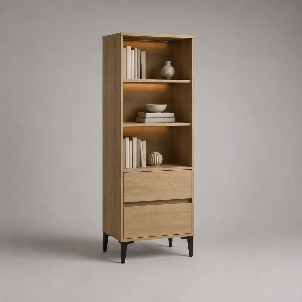 Highboard mit LED-Beleuchtung und 2 Schubladen, MDF mit Eichenfurnier und Metall, Eiche Natur/Schwarz, 70 × 40 × 180 cm