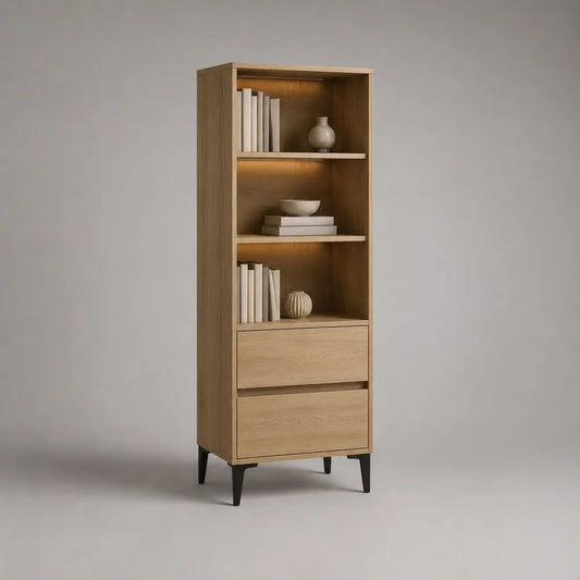 Highboard mit LED-Beleuchtung und 2 Schubladen, MDF mit Eichenfurnier und Metall, Eiche Natur/Schwarz, 70 × 40 × 180 cm