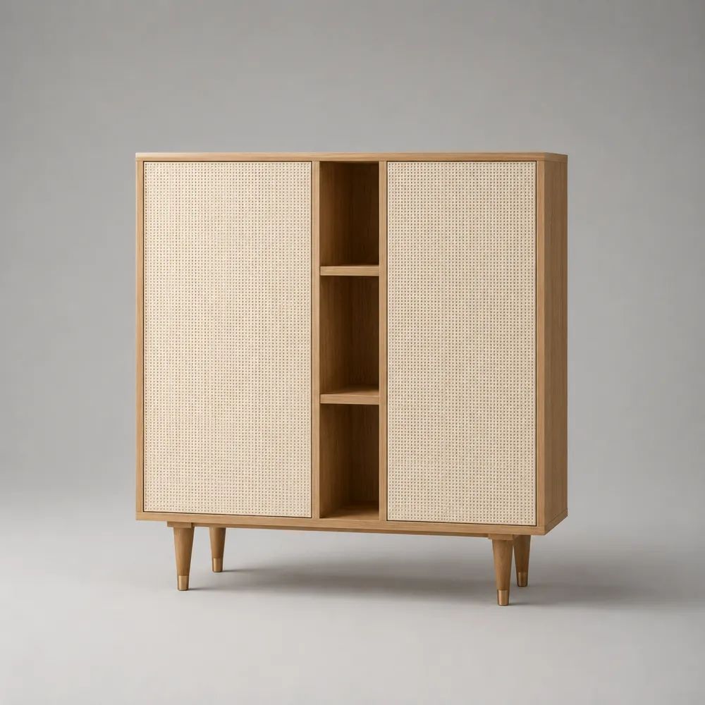 Highboard mit 2 Türen und 3 offenen Fächern aus MDF mit Eichenfurnier und Rattangeflecht, Hellbraun/Beige, 120 × 40 × 125 cm