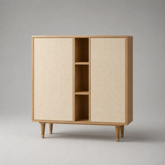 Highboard mit 2 Türen und 3 offenen Fächern aus MDF mit Eichenfurnier und Rattangeflecht, Hellbraun/Beige, 120 × 40 × 125 cm