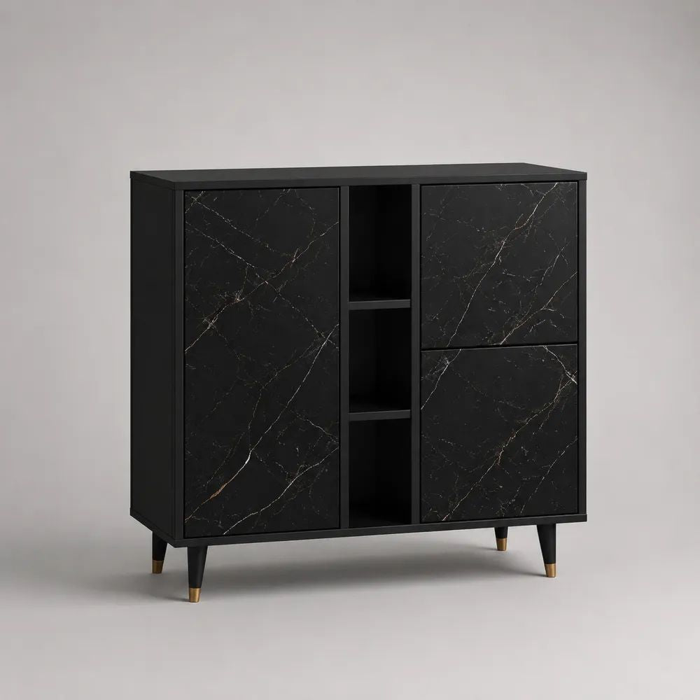 Highboard aus Spanplatte mit 3 Türen und offenen Fächern, Marmoroptik, Schwarz/Grau/Gold, 110 × 40 × 105 cm