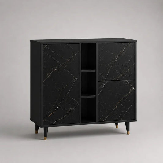 Highboard aus Spanplatte mit 3 Türen und offenen Fächern, Marmoroptik, Schwarz/Grau/Gold, 110 × 40 × 105 cm
