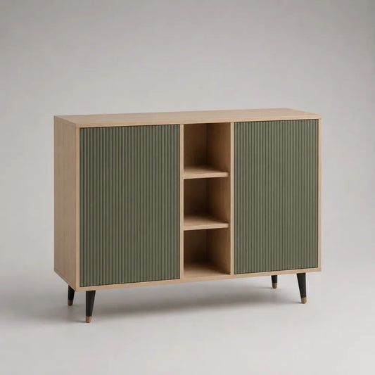 Sideboard mit 2 Türen und 3 offenen Fächern aus MDF und Spanplatte, Natur/Grün, 120 × 40 × 90 cm