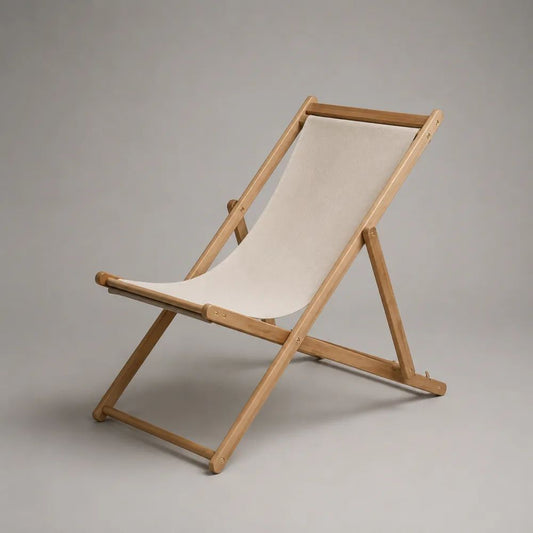 Klappbarer Gartenliegestuhl aus massivem Buchenholz mit Stoffbezug, Natur/Beige, 95 × 58 × 80 cm